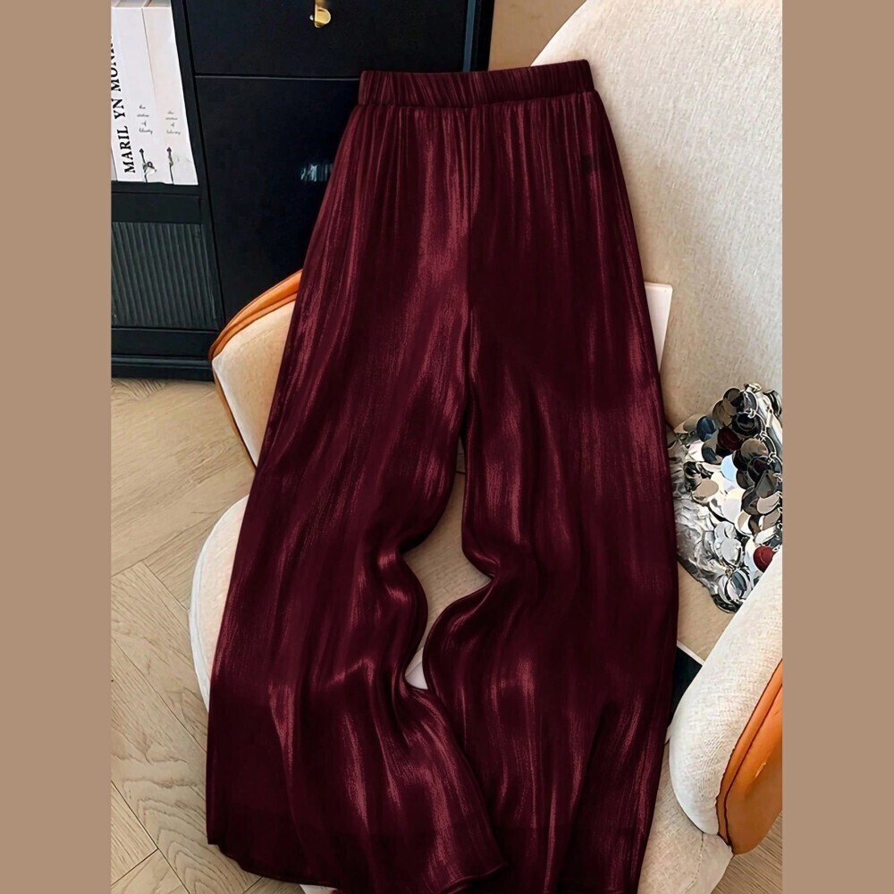 Burgundy Satin Wide Leg Pants Elastic Waist Flowy Trousers